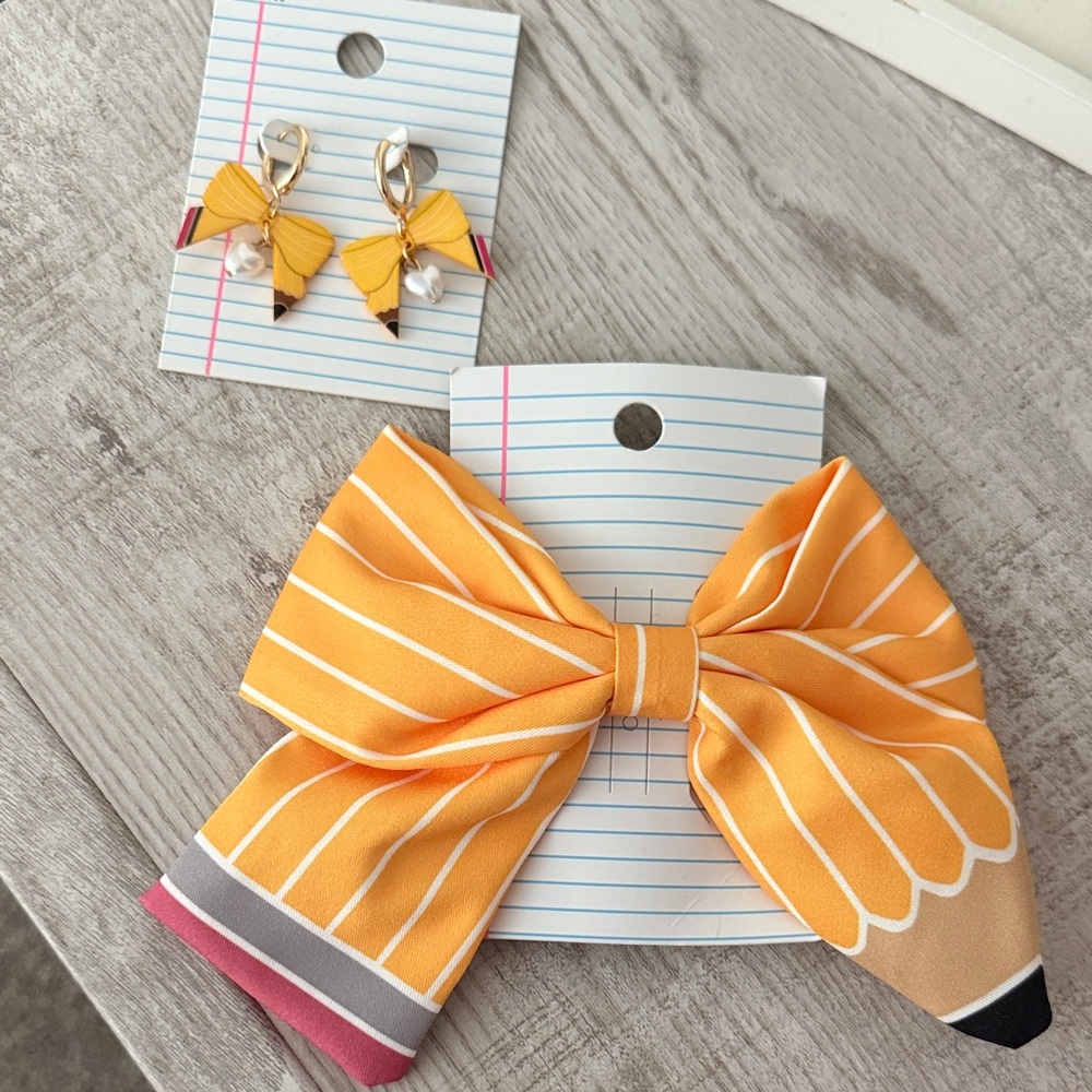 Yellow Pencil Bow and Earring Set